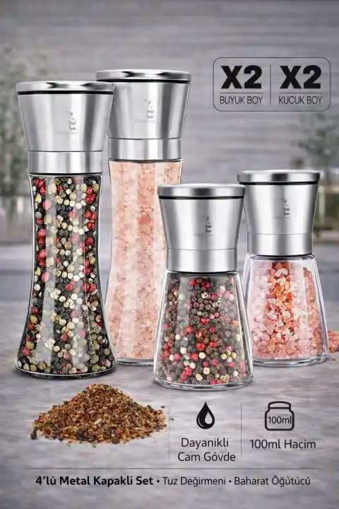 4lü Karabiber Tuz Değirmeni 5 Kademeli Baharat Öğütücü Büyük + Küçük Boy Metalik Tuzluk Seti