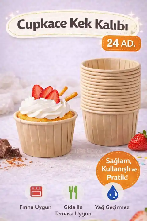 24’lü Kraft Muffin Cupcake Kek Kapsülü Naturel Kağıt Kalıp Konsept Parti Airfryer ve Fırın Uyumlu 