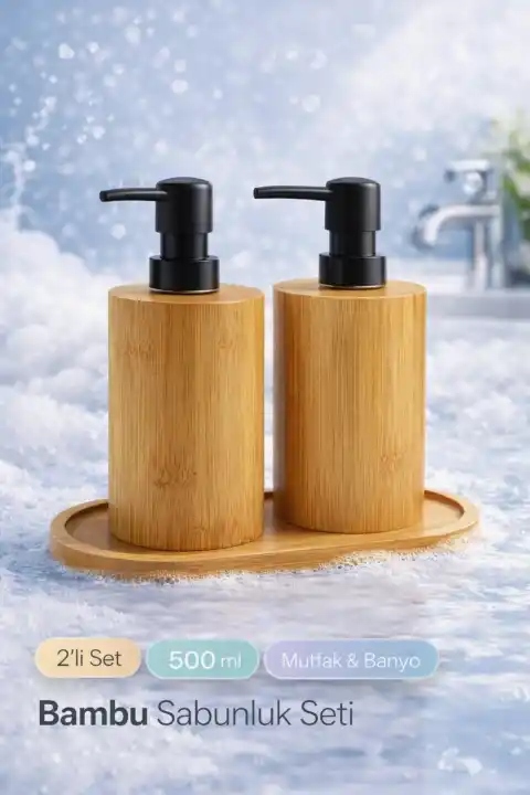 2li Bambu Sabunluk Seti Hands Dishes Mutfak Banyo Sıvı Sabunluk 500ml Doğal Bambu Stantlı Retro Set