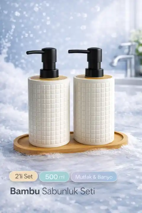 2li Retro Still Sıvı Sabunluk Seti 500ml Mutfak Banyo Hands Dishes Kare Figürlü Bambu Stantlı Set