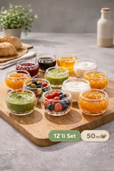 12li Çift Çidarlı Mini Sosluk Drajelik Lokumluk Kase Şekerlik Çerezlik Sosluk Reçellik Cam Kase Seti