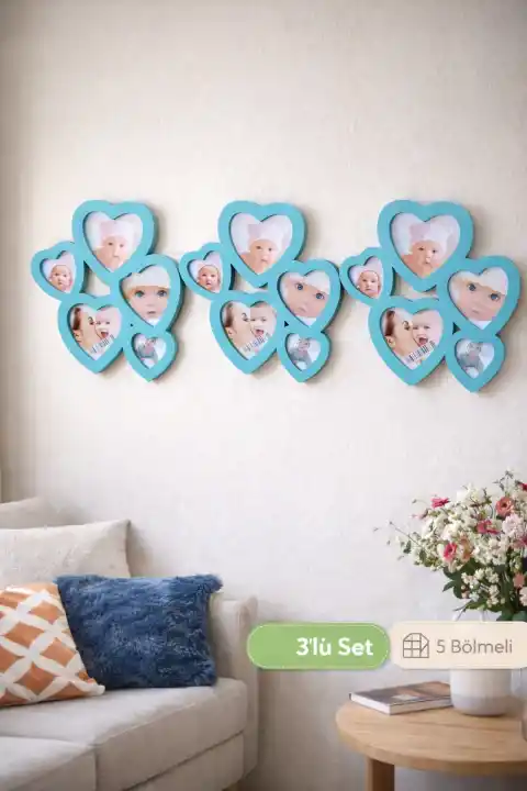 3 Adet Dekoratif Kalpli Resim Çerçevesi Asılabilir 5 Bölmeli Fotoğraf Albüm Çok Renkli Çerçevesi