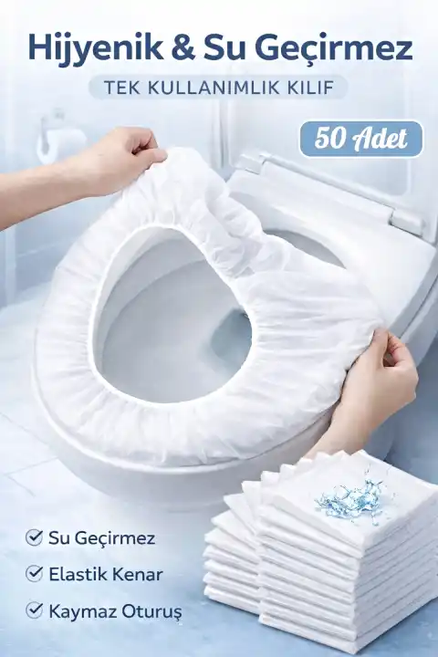 50 Adet Tuvalet Klozet Kapağı Kılıfı | Tek Kullanımlık Su Geçirmez Hijyenik WC Örtüsü