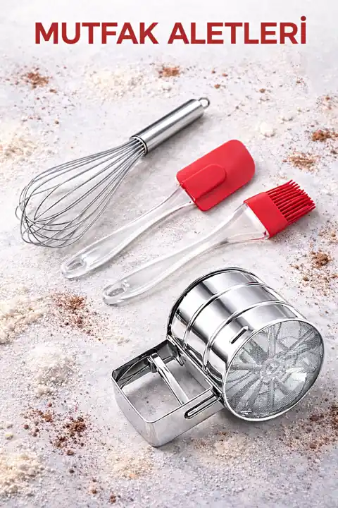 4lü Un Eleği Basmalı Şeker Pudra Elek Çelik Yumurta Çırpıcısı Yumurta Fırçası Silikon Spatula Seti