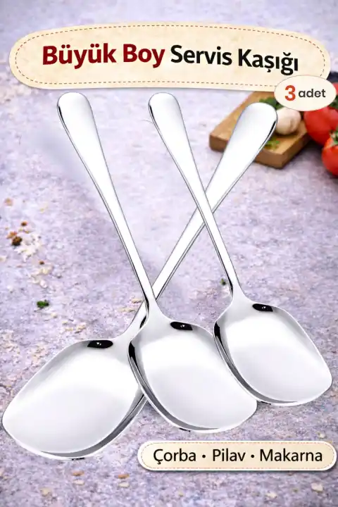 3lü Lüx Servis Kaşığı Seti Büyük Boy Paslanmaz Çelik Kaşık Salata Pasta Yemek Servis Mutfak Kaşığı