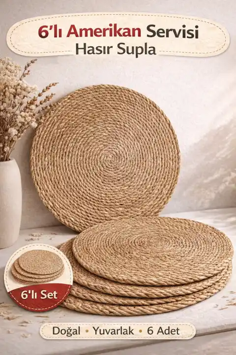6’lı Amerikan Servisi Hasır Supla Yuvarlak Masa Dekoru Doğal Dokulu Sofra Aksesuarı Rattan