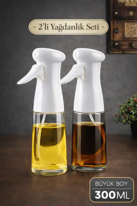 Büyük Boy Sprey Yağdanlık Airfryer Püskürtmeli Cam Şişe Ayçiçek Zeytinyağı 300ml Beyaz