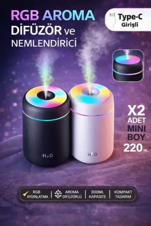 2li LED Işıklı USB Ultrasonik Hava Nemlendirici Buhar ve Koku Makinesi H2O Difüzör Cihazı 220ml
