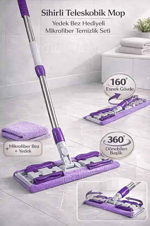 Sihirli Teleskobik Mop Yedek Bezli Yer Fayans Duvar Yüzey Temizlik Mikrofiber Paspas Mandallı Mop