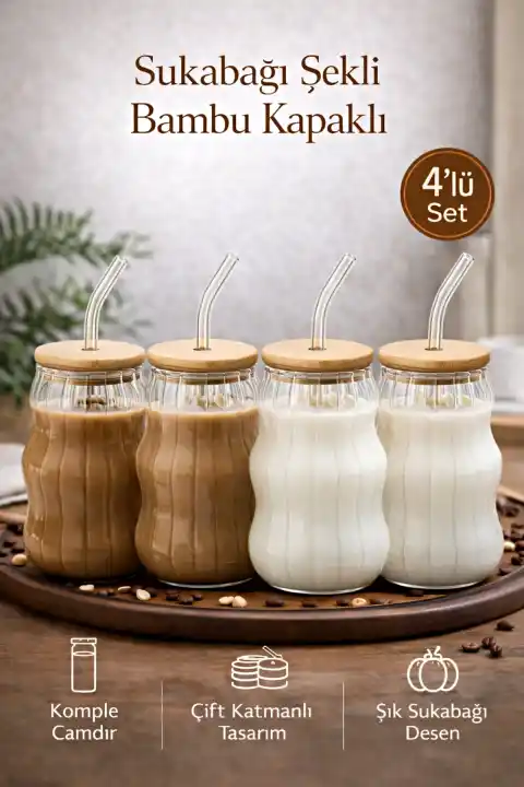 4lü Bambu Kapaklı Sukabağı Latte İskandinav Cam Pipetli Bardak Kahve Kokteyl Sunum Bardağı 400ml