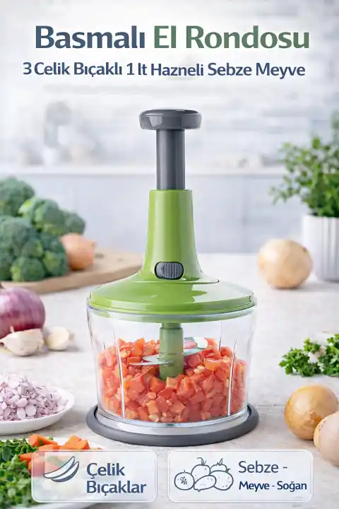 Basmalı El Rondosu 3 Çelik Bıçaklı 1 lt Hazneli Sebze Meyve Soğan Doğrayıcı Mutfak El Robotu Kesici