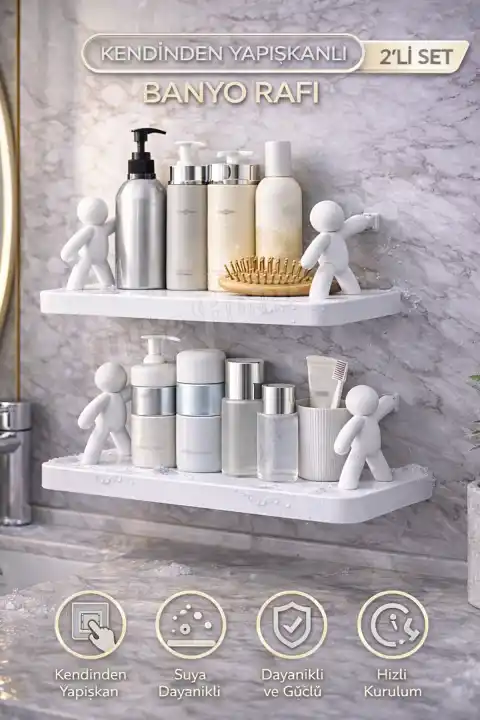 2li Figürlü Kendinden Yapışkanlı Craft Banyo Rafı Organizer Duvara Monte Mutfak Düzenleyici Beyaz