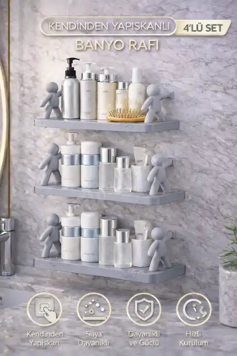 4lü Figürlü Kendinden Yapışkanlı Craft Banyo Rafı Organizer Duvara Monte Mutfak Düzenleyici Gri