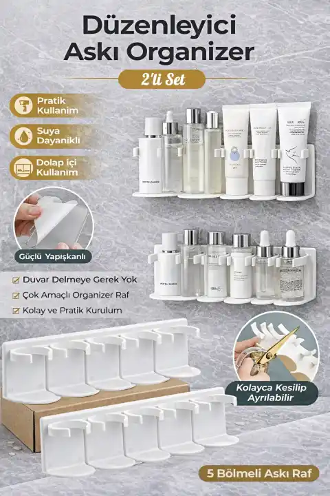 2li Yapışkanlı Kozmetik Düzenleyici Raf Kesilebilir Banyo Dolap İçi Gizli 5 Bölmeli Şişe Organizer