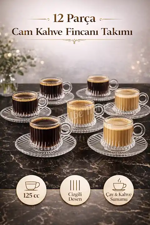 12 Parça Cam Kahve Fincanı 125cc Çizgili Desenli Fincan Takımı Cam Tabaklı Çay ve Kahve Sunum Seti