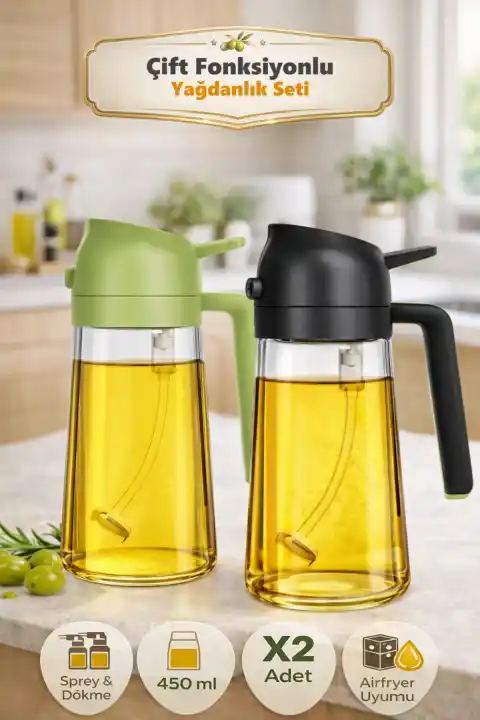 2 Adet Çift Fonksiyonlu Yağdanlık 450ml Zeytinyağı Sıvıyağ Cam Şişe Sprey Airfryer Yağlık Sirkelik
