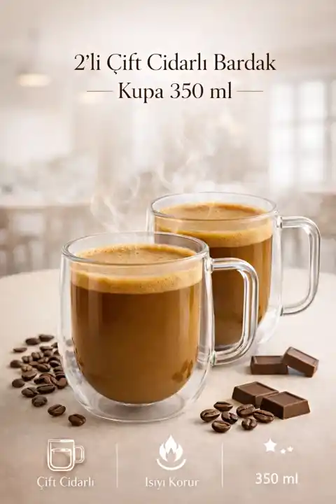 2’li Çift Cidarlı Cam Kupa 350 ml Isıyı Koruyan Şeffaf Espresso Kahve Çay Fincanı Kulplu Cam Bardak