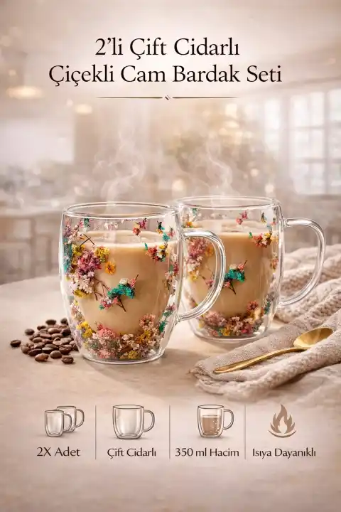 2li Çift Cidarlı Kurutulmuş Çiçekli Cam Kupa Bardak 250ml Kulplu Kahve Çay Bardağı Flower Cup Seti