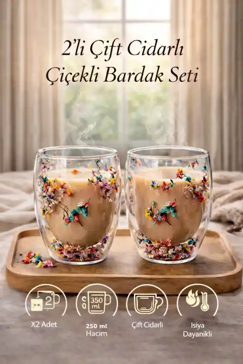 2li Çift Cidarlı Flower Cup 250ml Çiçekli Bardak Kahve Çay Bardağı El Yapımı Cam Bardak Seti