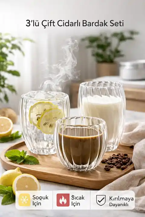 3’lü Çift Cidarlı Burgulu Kristal Cam Bardak Seti – Sıcak & Soğuk Çay Kahve Süt Kupası Retro Seti