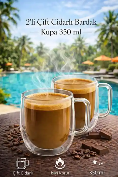2li Çift Cidarlı Cam Kupa Bardak Seti 350ml Isıya Dayanıklı Espresso Sunum Kulplu Kahve Bardağı