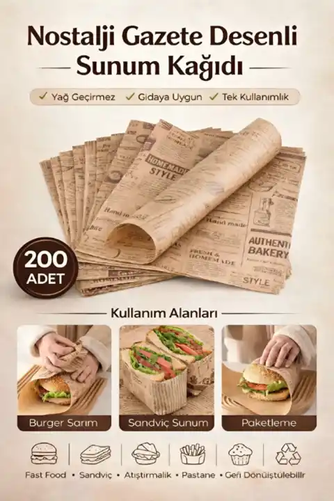 200lü Nostalji Desenli Kağıt Vintage Gazete Desen Aparatif Kağıdı Mutfak Sunum Breakfast Kağıdı