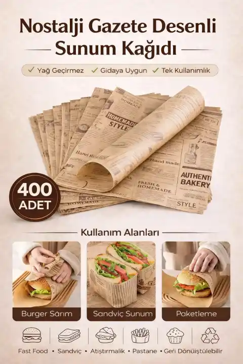 400lü Nostalji Desenli Kağıt Vintage Gazete Desen Aparatif Kağıdı Mutfak Sunum Breakfast Kağıdı