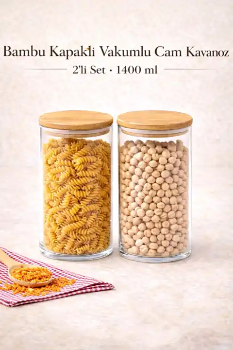 2li Bakliyat Saklama Kabı Bambu Kapaklı Cam Kavanoz Vakumlu Baharatlık Mutfak Organizer Seti