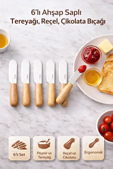 6lı Ahşap Saplı Tereyağı Bıçağı Reçel Çikolata Peynir Sürme Kahvaltılık Sunum Bıçak Seti