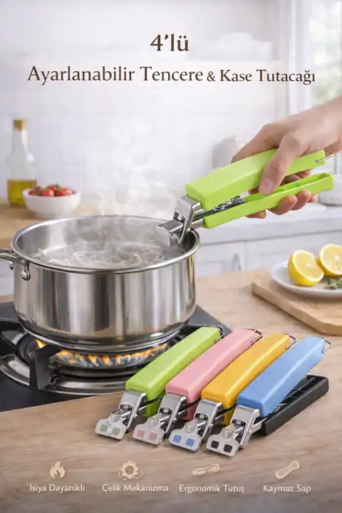 4lü Ayarlanabilir Tencere Tava Tutacağı Sıcak Yemek Kase Tutucu Tepsi Maşa Kolu Çıkarıcı Aparat