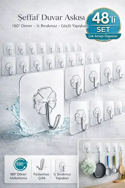 48’li Güçlü Yapışkanlı Kancalı Duvar Askısı 180° İz Bırakmaz Banyo Mutfak Kapı Arkası Organizer