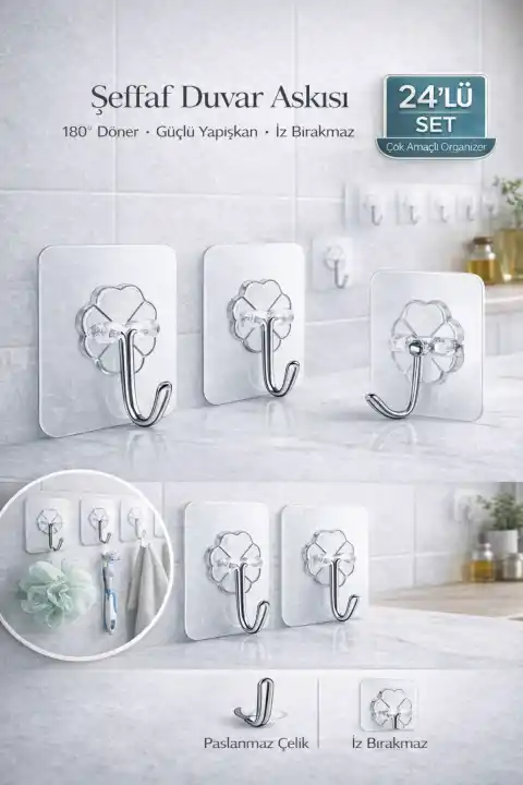 24’lü Güçlü Yapışkanlı Kancalı Duvar Askısı 180° İz Bırakmaz Banyo Mutfak Kapı Arkası Organizer