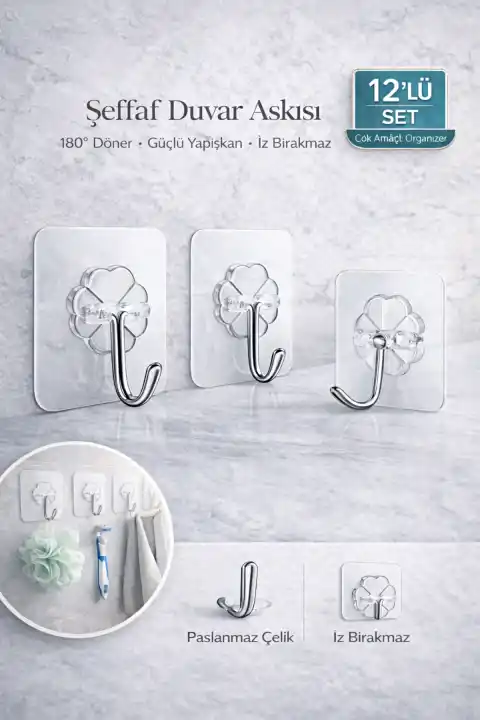 12’li Güçlü Yapışkanlı Kancalı Duvar Askısı 180° İz Bırakmaz Banyo Mutfak Kapı Arkası Organizer
