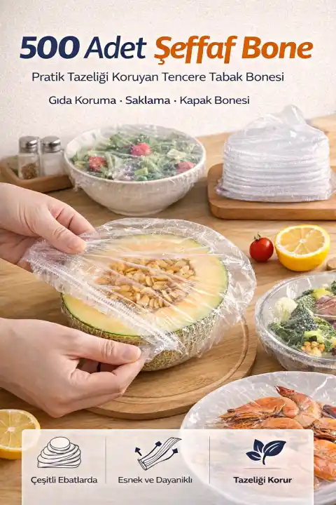 500 Adet Şeffaf Streç Bone Kapak – Esnek Tencere Tabak Kase Gıda Saklama Bonesi Buzdolabı Koruyucu