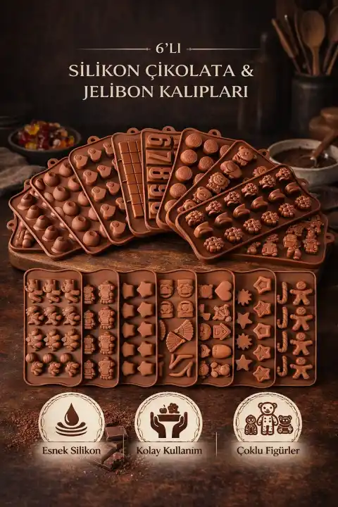 6lı Silikon Dubai Çikolata Kalıbı Çok Figürlü Mini Jelibon Şekilli Buzluk Dondurma Kalıpları