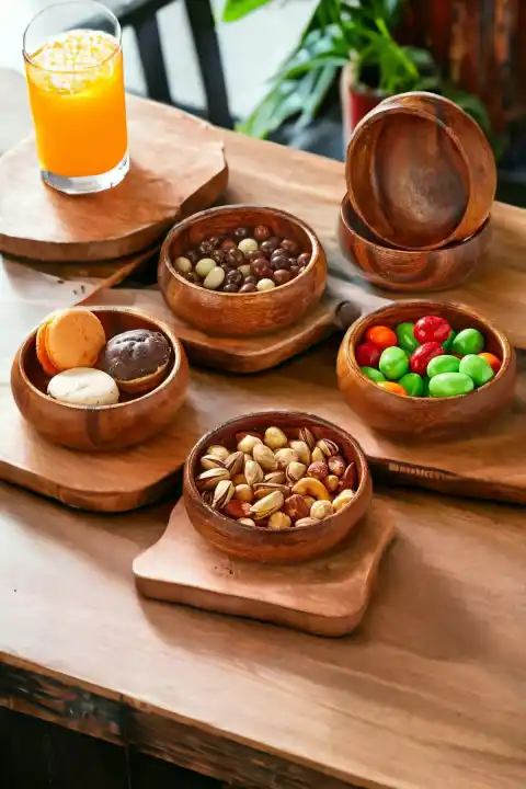 6lı Akasya Çerezlik Kuruyemiş Kase Natural Dekoratif Ahşap El Yapımı Sofra Sunum Kahvaltı Kase Seti