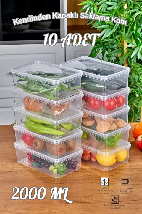 10lu Buzdolabı Organizer Kendinden Kapaklı Mikrodalga Difrize Uygun 2000ml Dikdörtgen Saklama Kabı