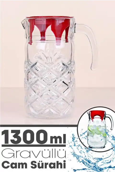 Ada Kristal Cam Sürahi Kapaklı Gravürlü 1300 ml. Extra Dayanıklı Cam Kulplu Sofra Meşrubat Sürahi