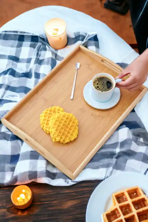 Bambu Çay Tepsisi Lüx Kulplu Dikdörtgen 40X29 Büyük Boy Kahve Çay Servis Sunum Doğal Bambu Tepsi