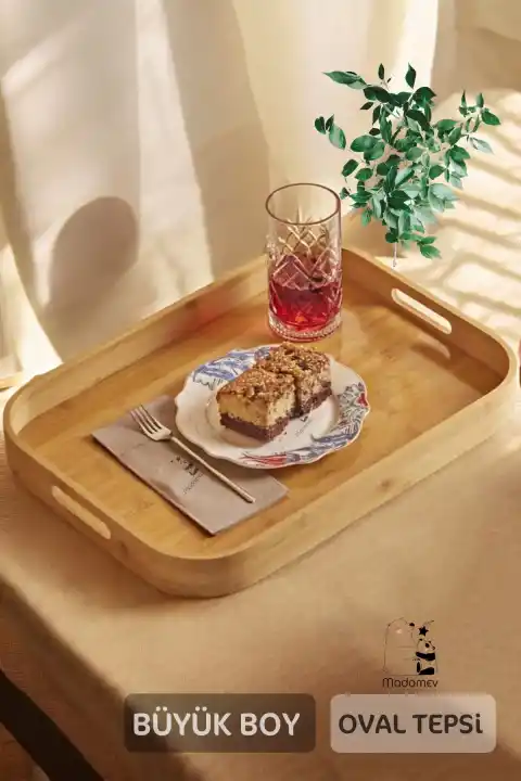 Bambu Oval Tepsi Büyük Boy 46x33 cm Servis Çay Kahve Sunum Tepsisi Lüx Bambu Classic Oval Tepsi