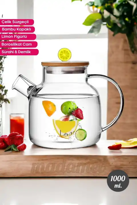 Bambu Kapaklı Limon Figürlü Demlik Borosilikat Cam Sürahi Çelik Süzgeçli Bitki Çayı Çaydanlık 1 lt.