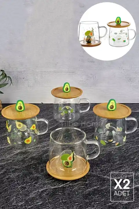 2li Bambu Kapaklı Avakado Meyve Figürlü Cam Bardak Baskılı Meşrubat Kupası Çay Bardağı 280 ml.