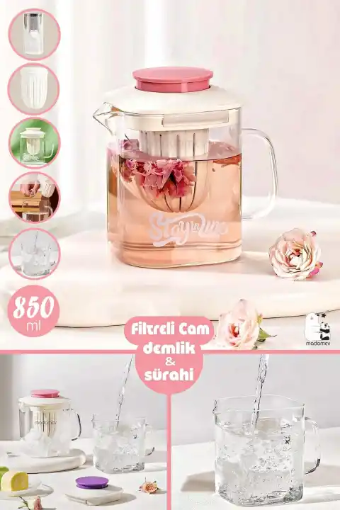 Isıya Dayanıklı Borosilikat Filtreli Bitki Çayı Süzgeçli Cam Demlik & Kulplu Sürahi 850 ml.