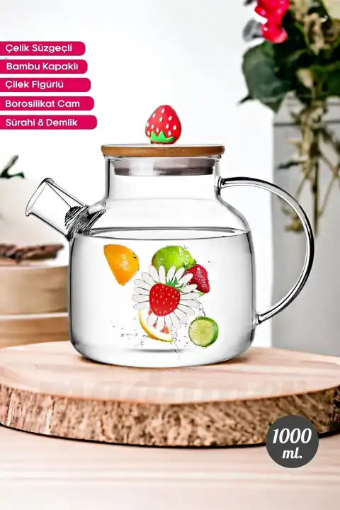 Bambu Kapaklı Çilek Figürlü Demlik Borosilikat Cam Sürahi Çelik Süzgeçli Bitki Çayı Çaydanlık 1 lt.