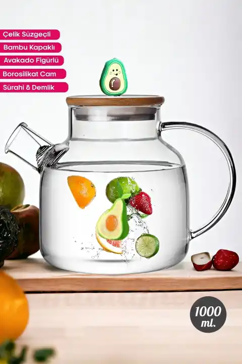 Avakado Figürlü Borosilikat Cam Demlik Çelik Süzgeçli Bambu Kapaklı Bitki Çayı Demliği 1lt