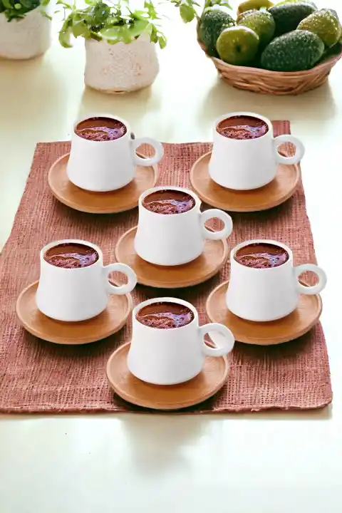 Bambu Tabaklı 6 Kişilik Kahve Fincanı Takımı Lüx Bambu Tabak Seramik Servis Sunum Türk Kahvesi Seti