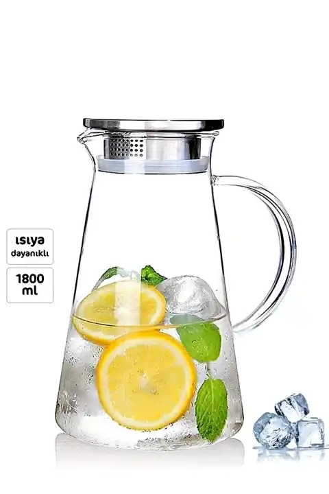 Borosilikat Cam Sürahi 1800ml Isıya Dayanıklı Karaf, Metal Kapaklı Cam Kulplu Meşrubat Su Sürahisi