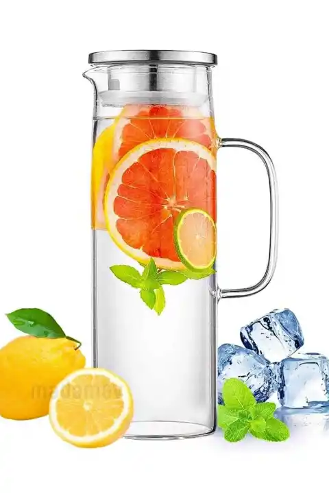 Borosilikat Cam Sürahi Kulplu Çelik Kapaklı Soğuk Sıcak Kokteyl Meşrubat Karaf Cam Sürahisi 1500 ml