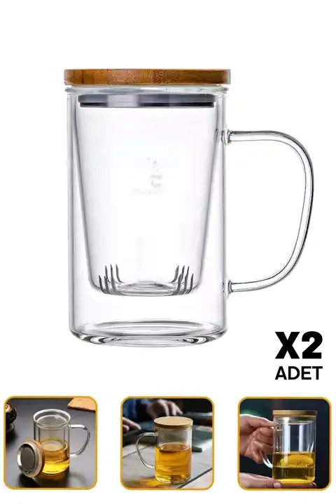 2li Borosilikat Cam Süzgeçli Bambu Kapaklı Kupa Kulplu Demlik Tarz Çift Kat Bitki Çay Bardağı 400ml