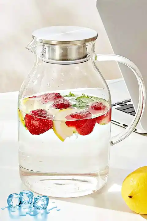 Borosilikat Cam Sürahi Modern Karaf Cam Kulplu Metal Kapaklı Sıcak Soğuk Kokteyl Meşrubat Sürahisi